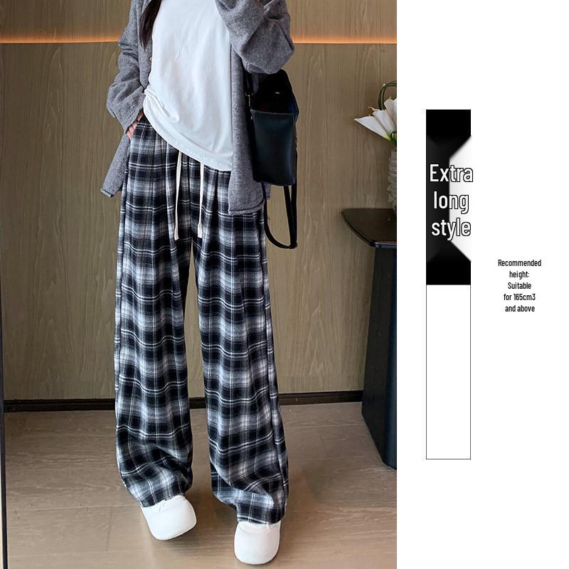 

**Women s Blue Plaid Wide-Leg High-Waisted Floor-Length Pants, Spring/Summer 2026** L (110-125 lbs)