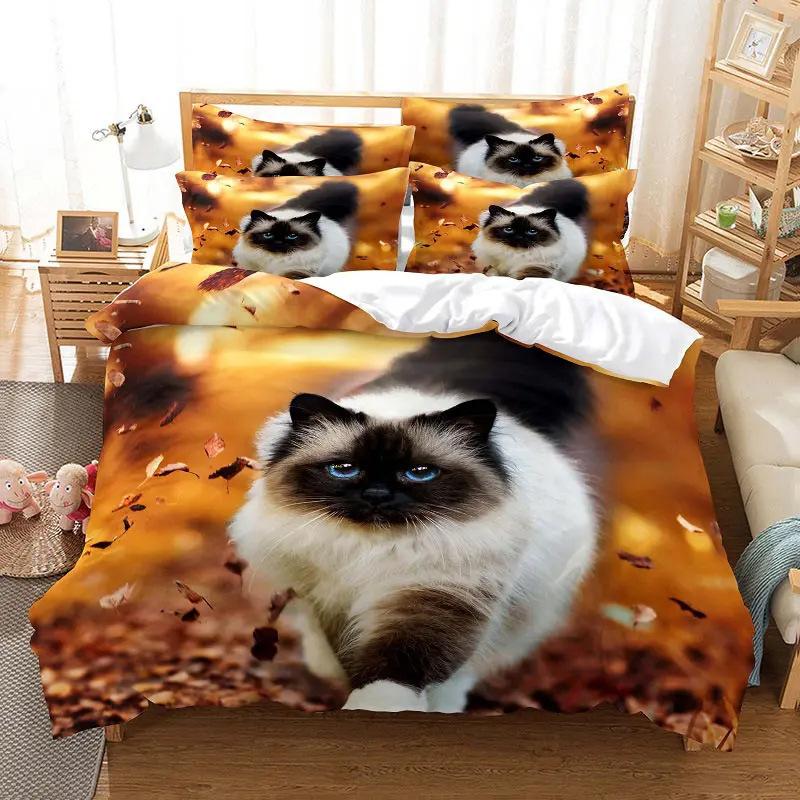 Cute Pet Cat 3D Printing Digital Three-Piece Quilt Cover Sheet Pillowcase Kit
