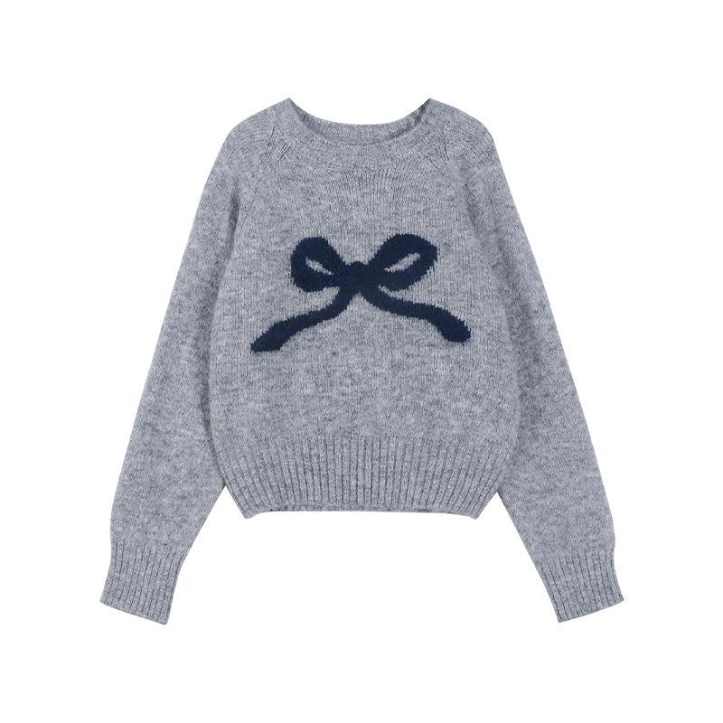 Girly bow jacquard crew neck sweater women's autumn and winter new lazy wind outside knitted sweater top