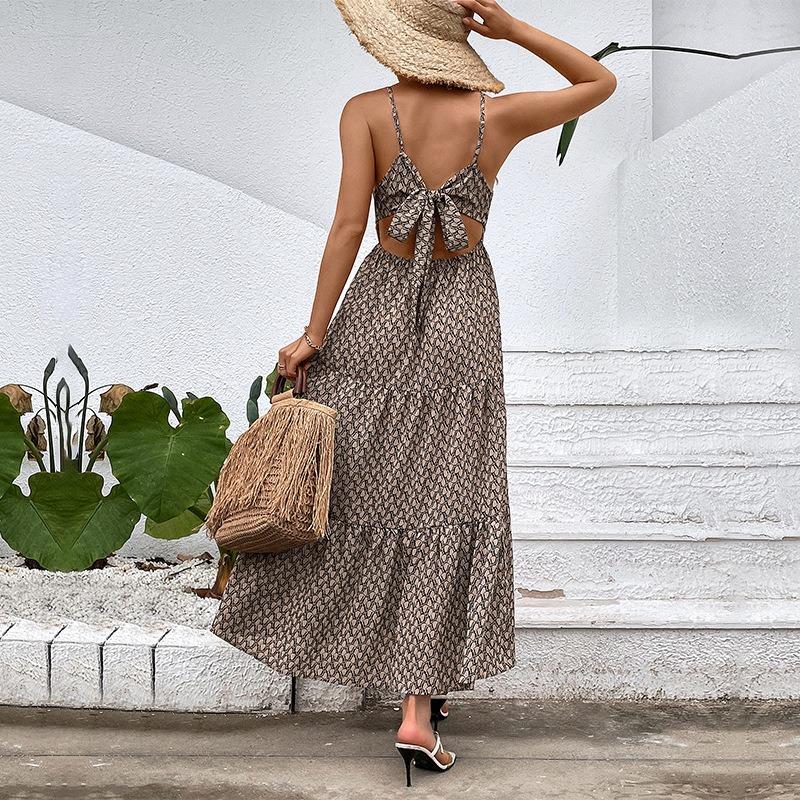 Summer seaside vacation dress fashion geometric print suspender dress