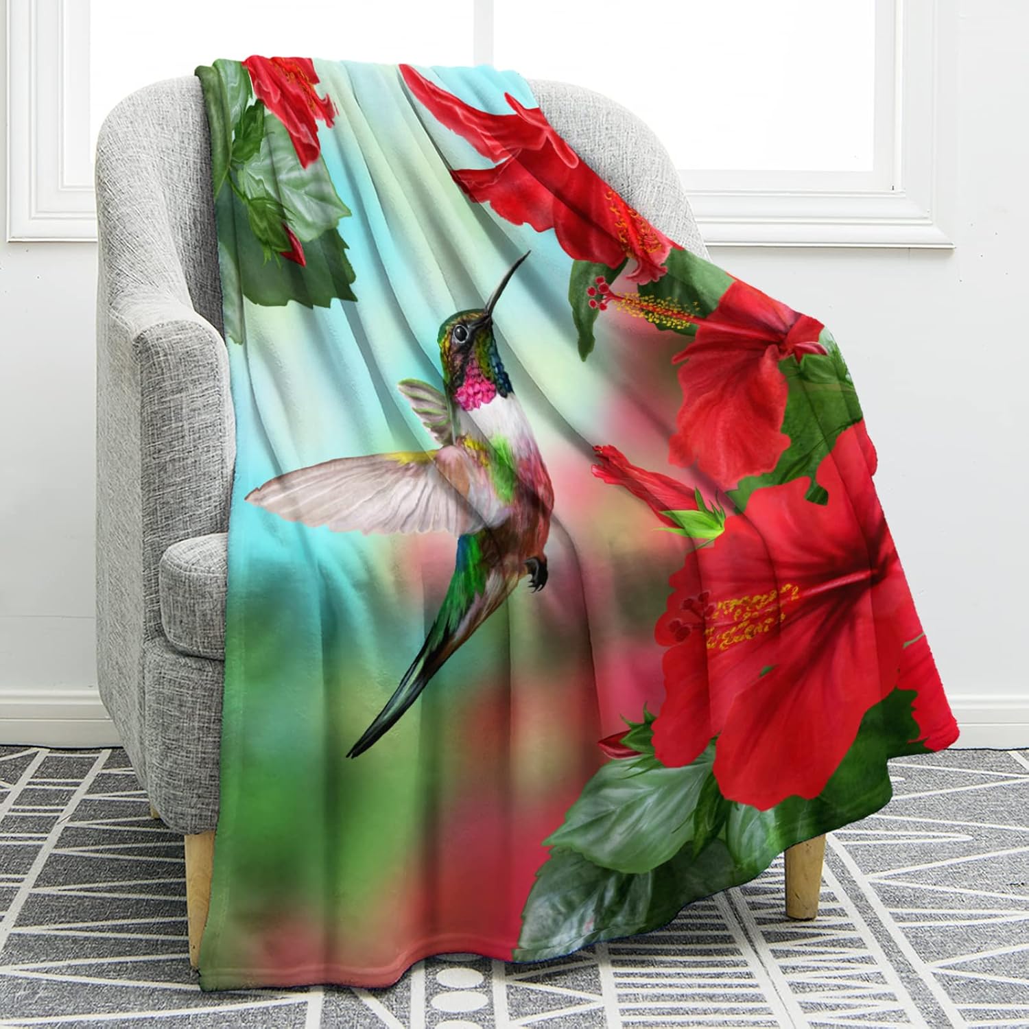 Couverture Flanelle Imprimée Rétro Fleur de Pêcher Rose Oiseau Bleu Couverture Douce pour Lit Salon Canapé Canapé Taille King Queen Chaude 70x100cm-XS
