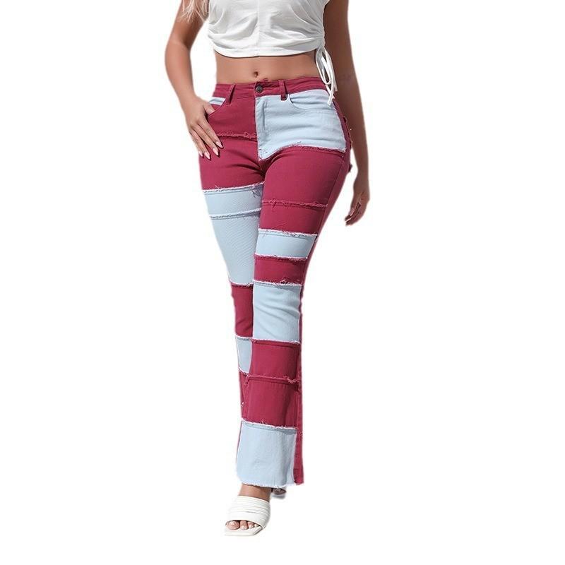 Color Block High Waisted Fitted Flare Jeans for Women Frayed Patch Raw Hem Denim Trendy Design Stitching Flare Casual Stretch Boot Cut Jeans