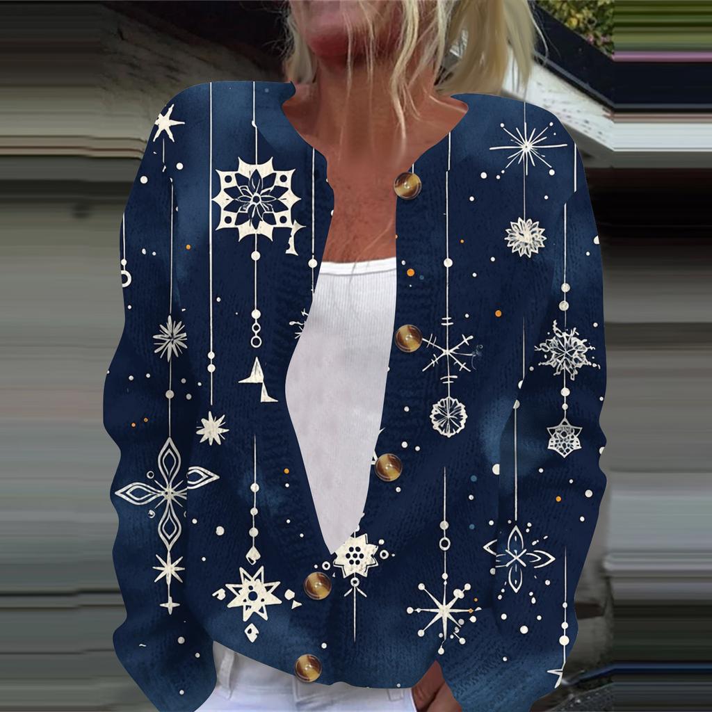 Damenmode, weihnachtlich bedruckt, langärmelig, Strickjacke, Button-Down-Jacke