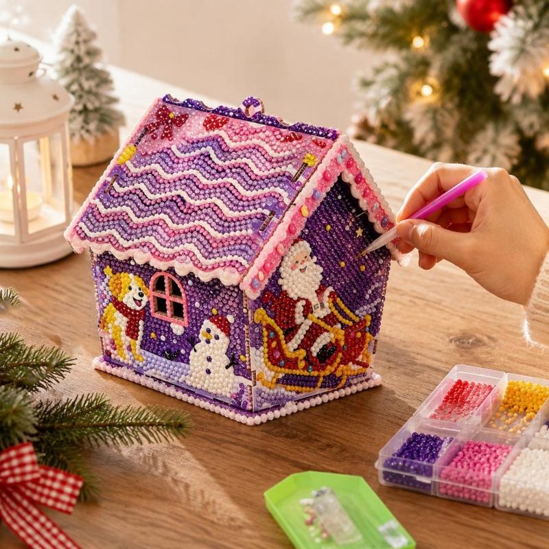 Freestanding Wooden Christmas Art Craft, Multicolored Decorative Project for Creating Pitched-Roof Seasonal Display