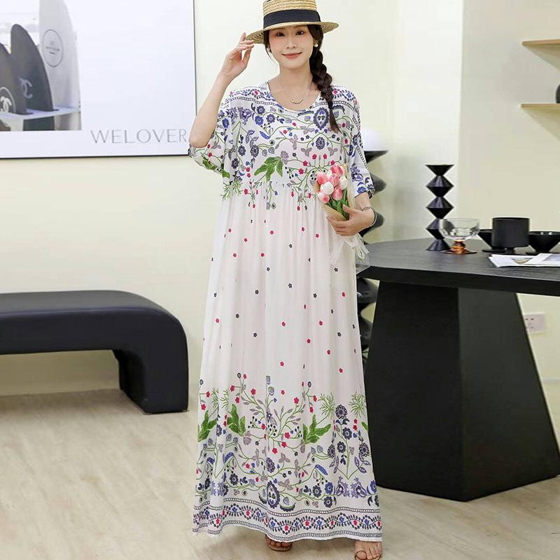 South East Asia 100kg super fat dress fat girl plus short sleeve maternity dress loose floral beach long skirt
