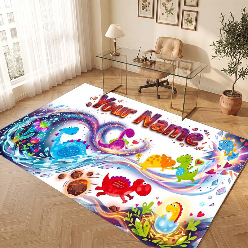 Dinosaur Theme Soft Crystal Velvet Rug Custom Name & Text Print Non Slip Floor Rug for Bedroom Living Room