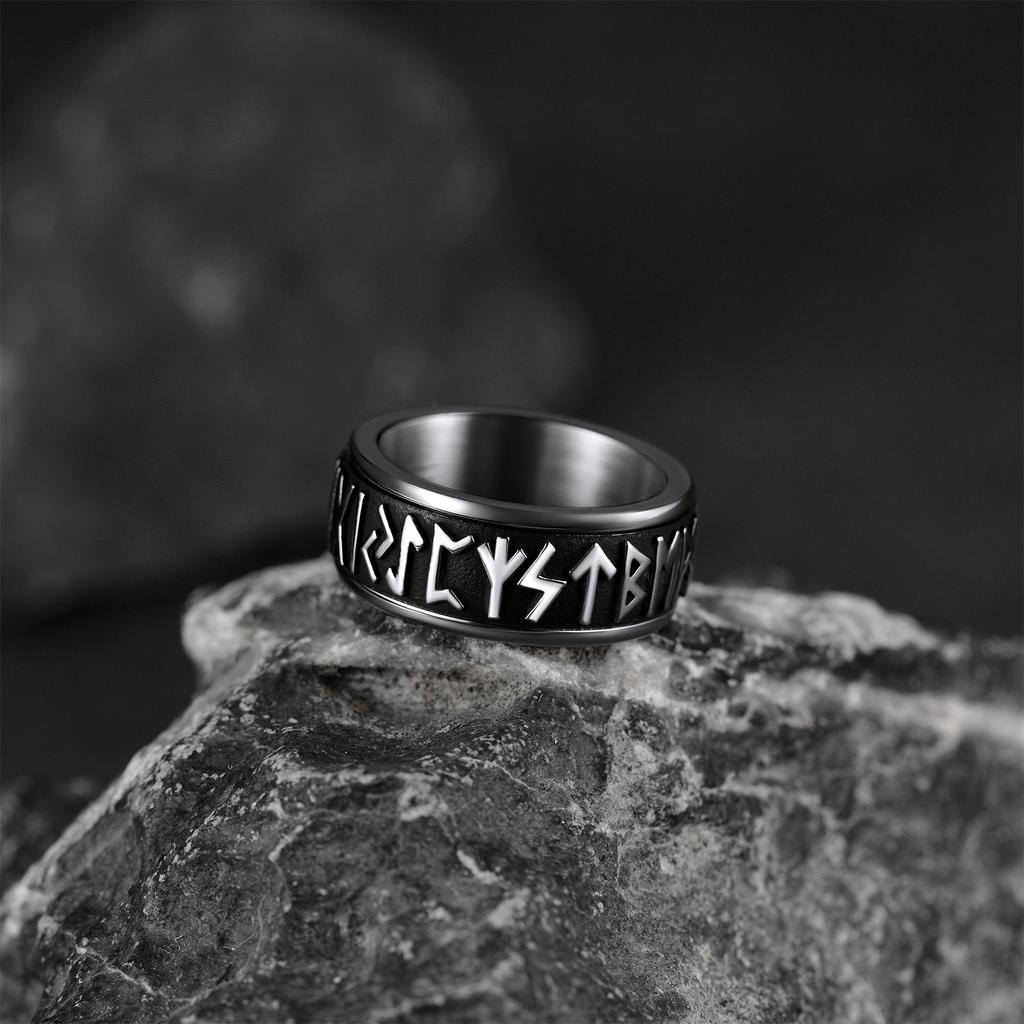 U7 Stainless Steel Norse Runes Spinner Ring for Man Black Gold Color Rotatable Band Fidget Anxiety Release Unisex Jewelry