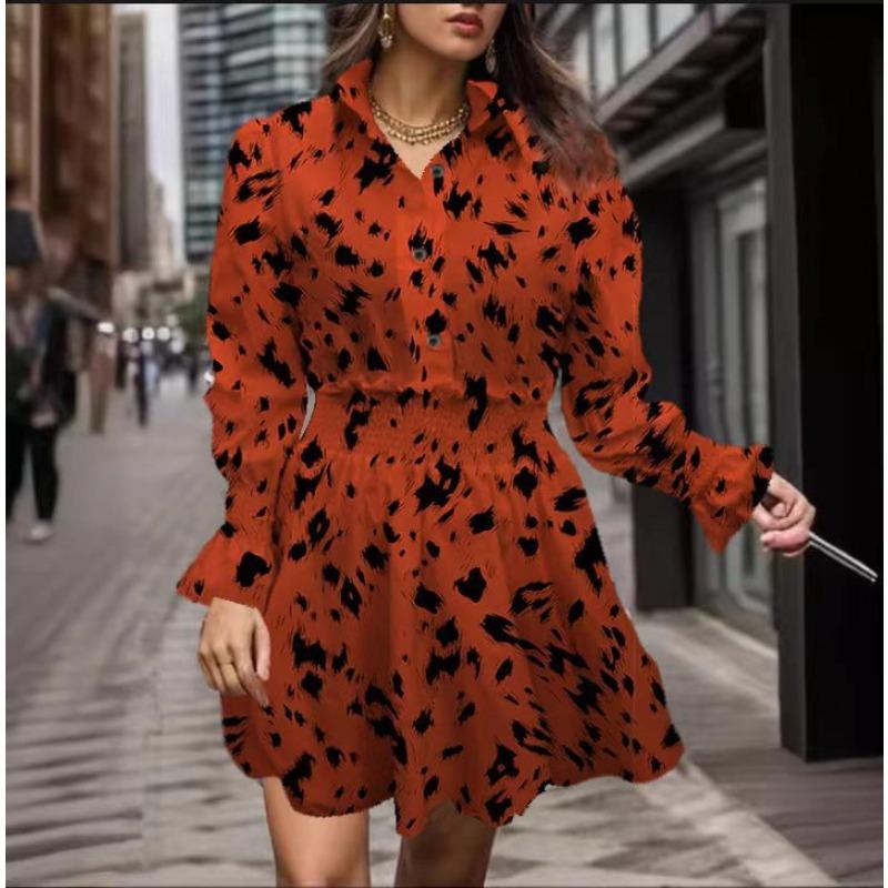 Women's Summer Lapel Three-button Long-sleeved Leopard Print Dress