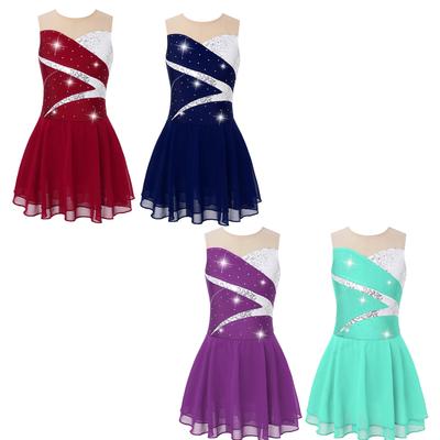 Girls Sleeveless Skating Dance Dress Round Neck Shiny Sequins Patchwork Hollow Back Design Rhinestone Decorations