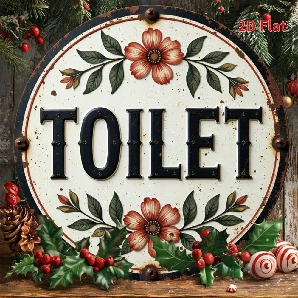 1P 8x8 Round Metal Sign Funny Toilet Decor with Flowers Wall Art Bathroom Ornament