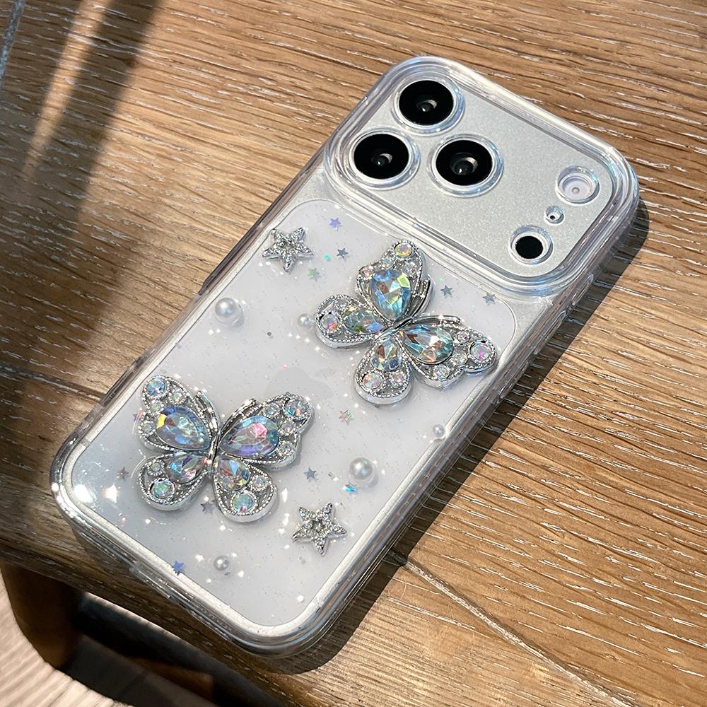 

Cute 3D Pearl Butterfl Phone Case For iPhone 17 16 15 14 13 12 11 Pro Max Glitter Transparent Shockproof Soft Silicone Cover iPhone Air