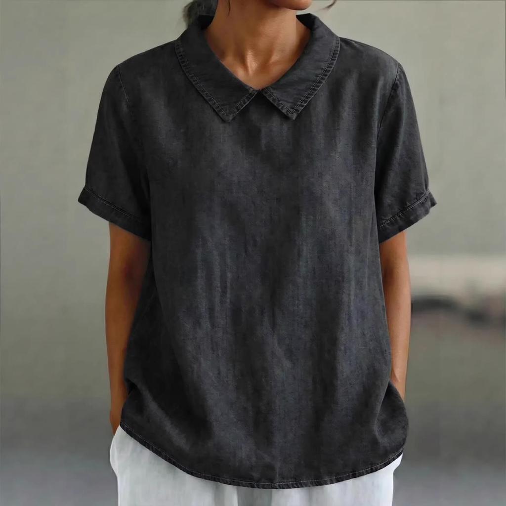2026 European Spring/Summer Women's Casual Loose Lapel Faux Denim Short Sleeve Shirt