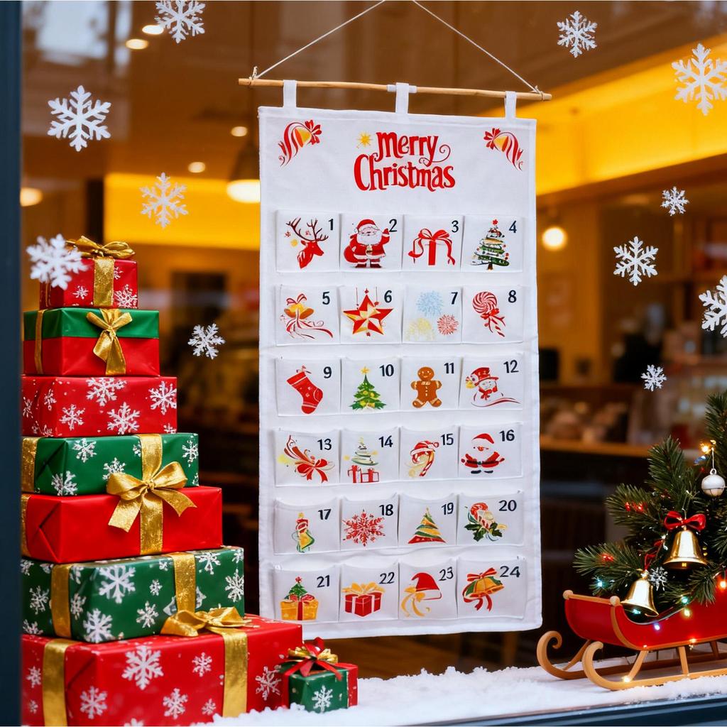 Hangable Fabric Advent Calendar with 24 Pockets - 24 Day Christmas Countdown Bag for Candy Chocolate, for Bedroom, Nursery Decor