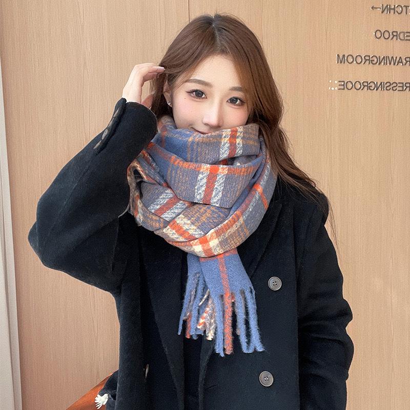 Premium Winter Korean Plaid Scarf: Warm, Thick, Red, Tassel Shawl for Women