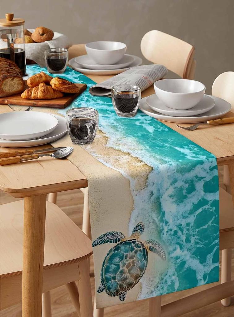 Ocean Turtle Table Runner Party Decor Nautical Turquoise Sea Turtle Beach Wave Kitchen Dining Table Runner Wedding Decorations