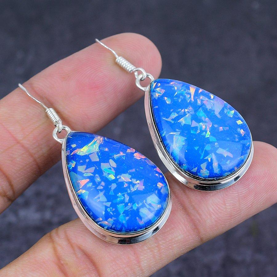 Blue Triplet Opal Gemstone 925 Sterling Silver Jewelry Earring 1.97"