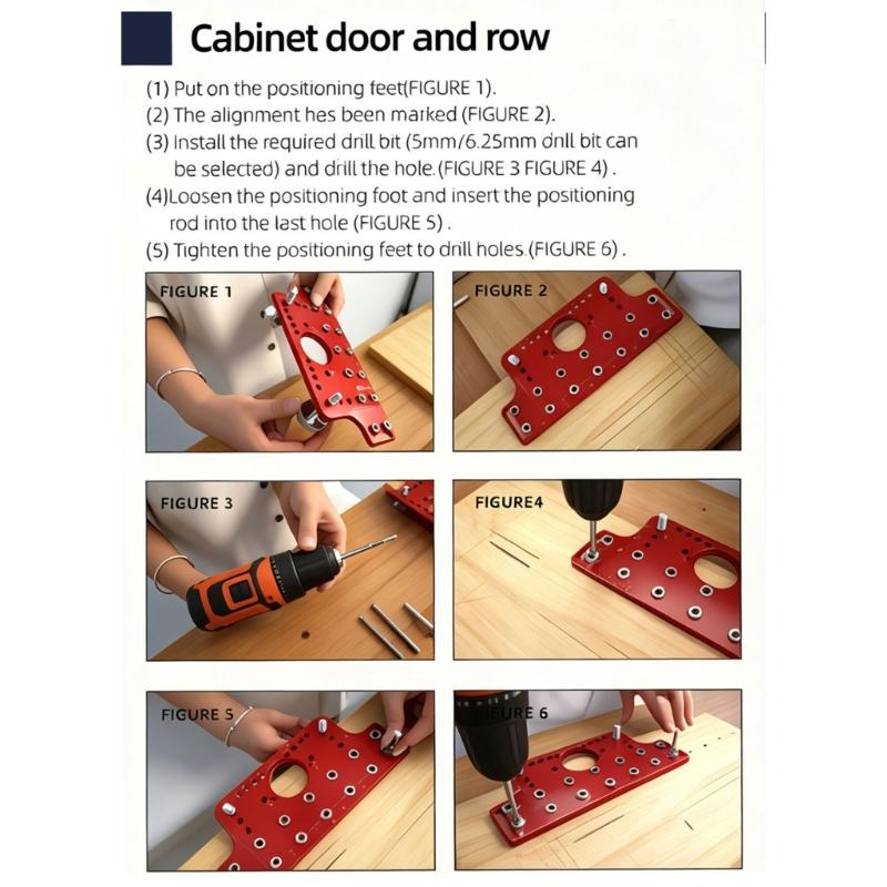Cabinet Hole Drilling Guide with Aluminum Plate, Guide Bushings and Metal Parts for Shelf Pin Layout and Furniture Assembly Work Tasks