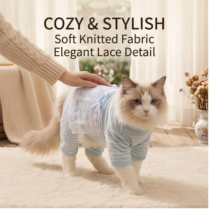 Macacão Respirável para Gato com Acabamento em Renda, Fino para Verão Anti-Queda de Pelo Roupa para Pets de 4 Patas para Filhotes e Gatos, 5 Tamanhos