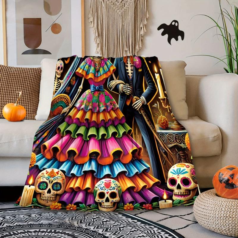 Weiche Flanell-Tagesdecke für den Tag der Toten, lebendiges Orange, Schwarz, Blau, Skelett-Paar, Halloween, Wohnzimmer, Schlafzimmer oder Sofa-Dekoration