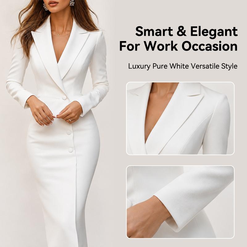 Women Blazer Dress Lapel V Neck Long Sleeve Bodycon Midi Dress Elegant Formal Office Workwear