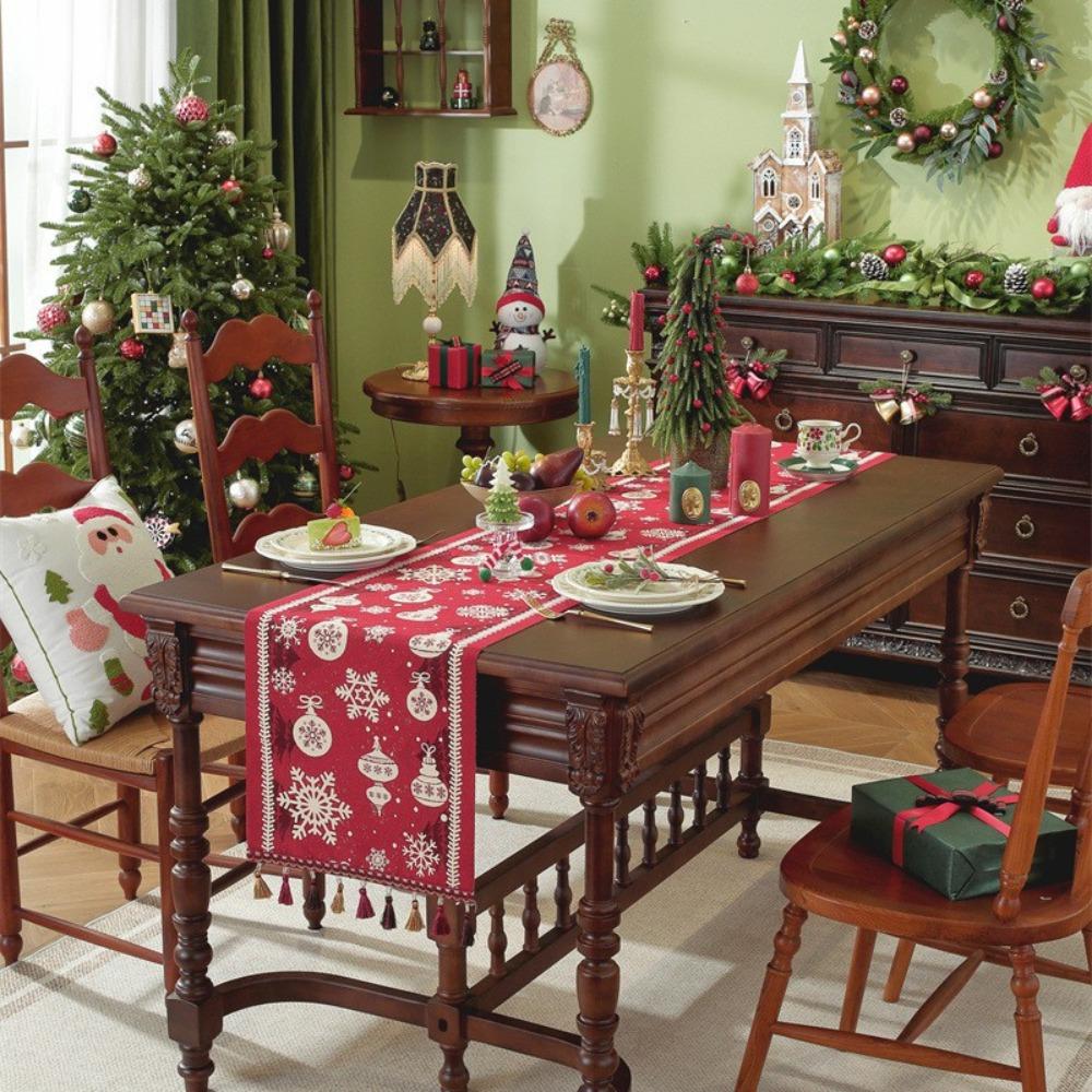 Christmas Jacquard Table Runner Red Snowflake Santa Hat Fringe Decorative Cover for Dresser TV Stand
