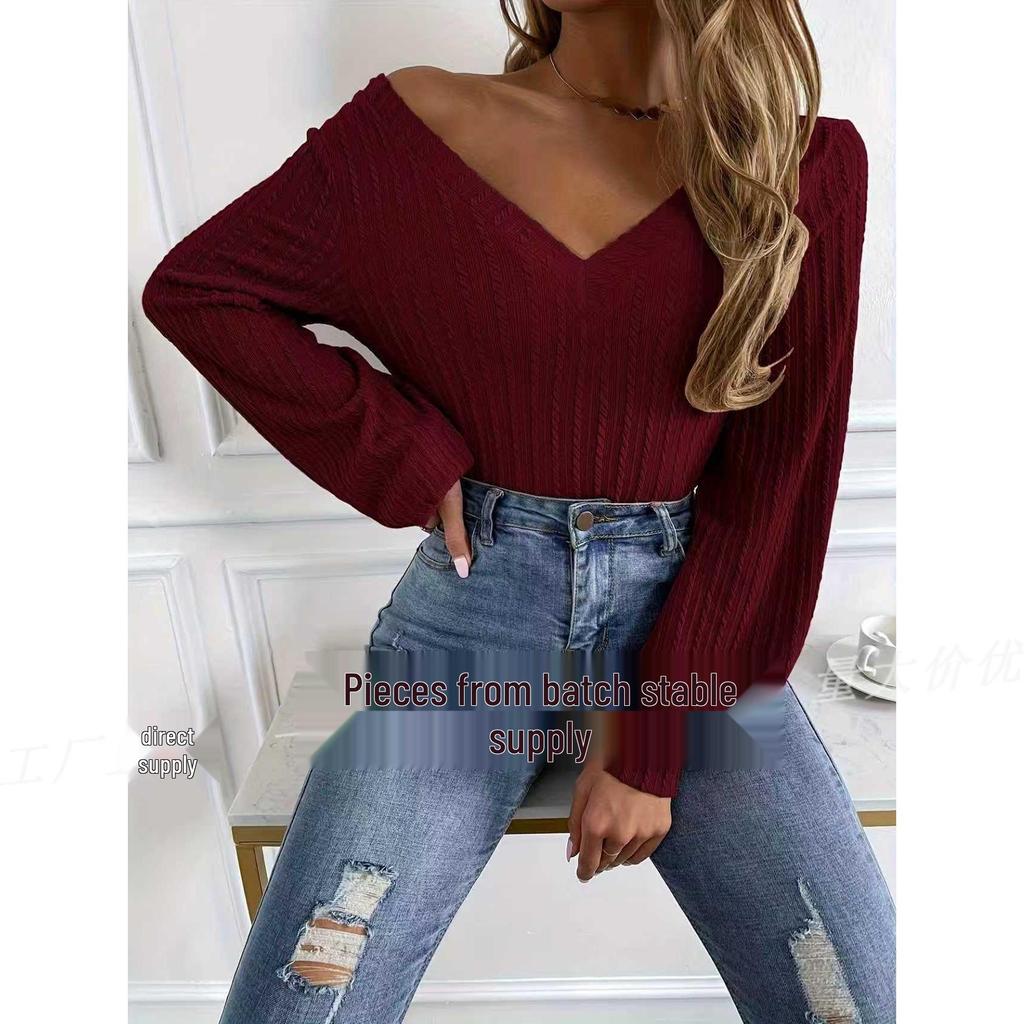 2025 Autumn/Winter Women's Solid Color V-Neck Ribbed Puff Sleeve Top