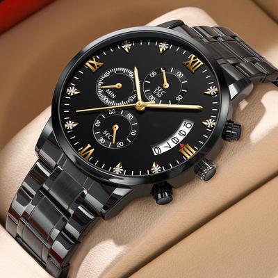 Multifunctional Men Quartz Watch Business Rhinestone Stainless Steel Calendar Timing Wristwatch