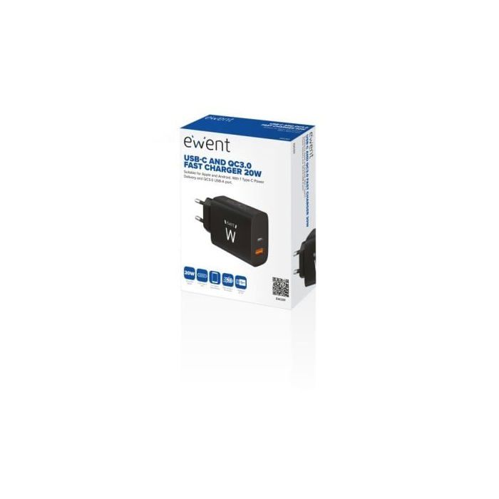 Chargeur Rapide USB-C 20W - Ewent - EW1319 - Compatible iPhone 15/14 - Protection Surchauffe - Noir
