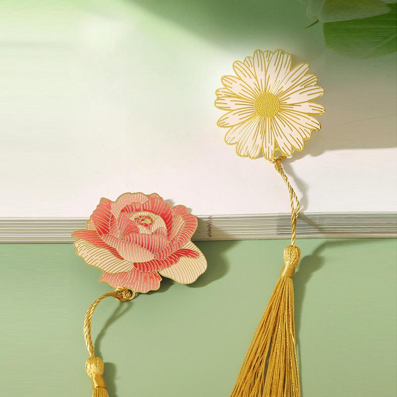 Chinese Style Vintage Rose Flower Leaves Metal Bookmark Tassel Book Clip Pagination Mark Student Gift Stationery School Supplies