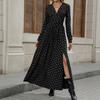Neues Herbst Elegantes Retro-Stil Spitzen V-Ausschnitt Schleifendruck Langarmkleid