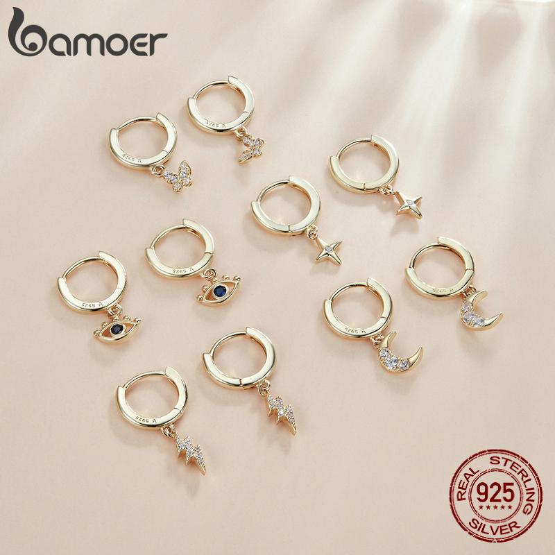 BAMOER 925 Sterling Silver Gilded 1Pair Shiny Zircon Moon & Star & Demon Eye & Butterfly & Lightning Earrings Buckle for Women Fine Jewelry