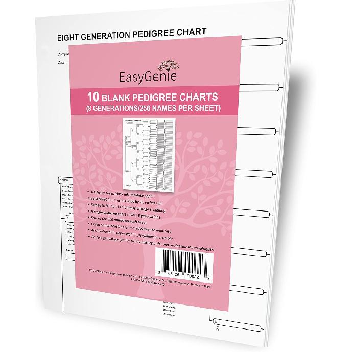 10 Blank Pedigree Charts for Genealogists (8 generations/256 names per form) by EasyGenie