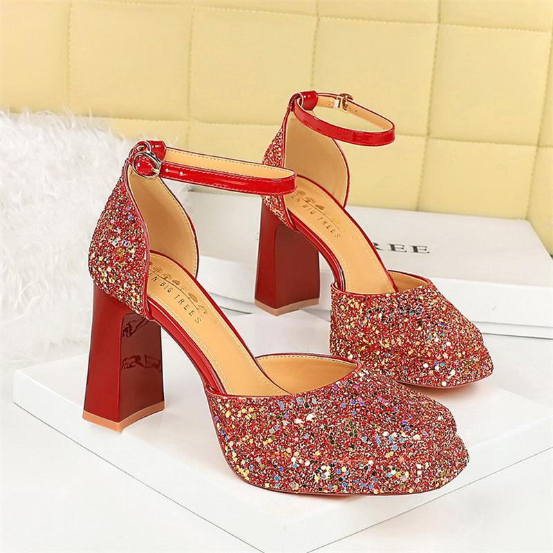 One-Strip Wedding Shoes Square Toe Shallow Mouth Waterproof Platform Thick Heel Super High Heel Sequin Sandals Fashion Elegant