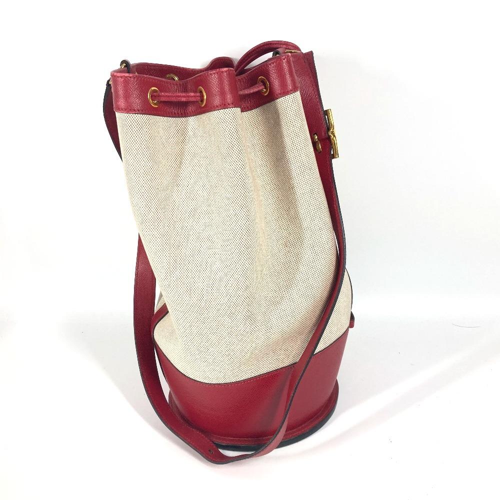 HERMES vintage Standy Crossbody Drawstring Shoulder Bag Leather/Canvas Red/Beige
