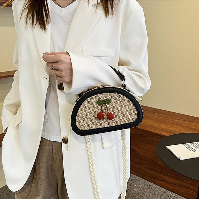 2025 Fashion Design Cherry Pattern Creative Straw Woven Patchwork Small Handbags Cute Crossbody Shoulder Bag Travel Beach Bag