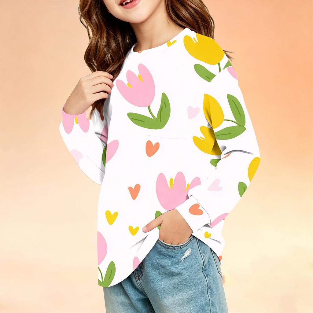 Kids Long Sleeve Printed Round Neck T-Shirt with Pocket Casual Top