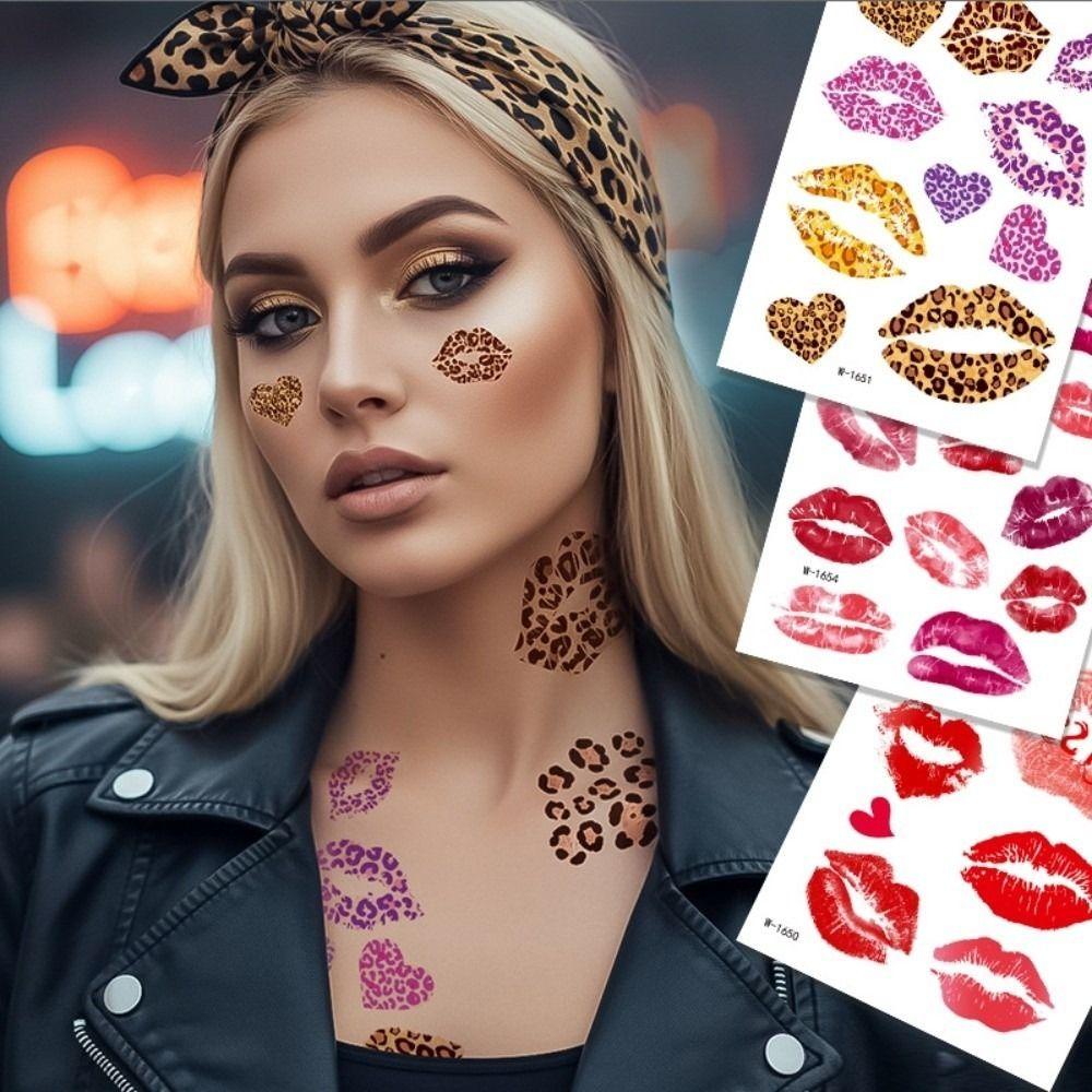 Leopard Print Lips Face Temporary Tattoos Disposable Makeup Stickers Valentine's Day Party