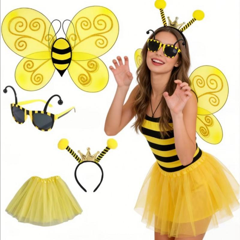 Kanatları, Pelerini, Taç Bandı, Gözlükleri Olan Yetişkin Cadılar Bayramı Arı Kostüm Seti Cosplay Parti Giydirme