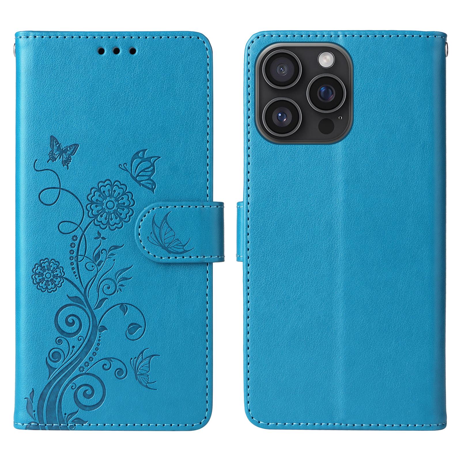 

For iPhone 16 Pro Max Leather Case Butterfly Floral Imprint Wallet Stand Cover Blue