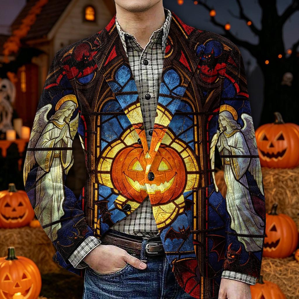 Men's Halloween Printed Corduroy Warm Blazer Jacket with Pockets Casual Suit Coat Button Front Corduroy Fabric Outerwear for Fall and Winter