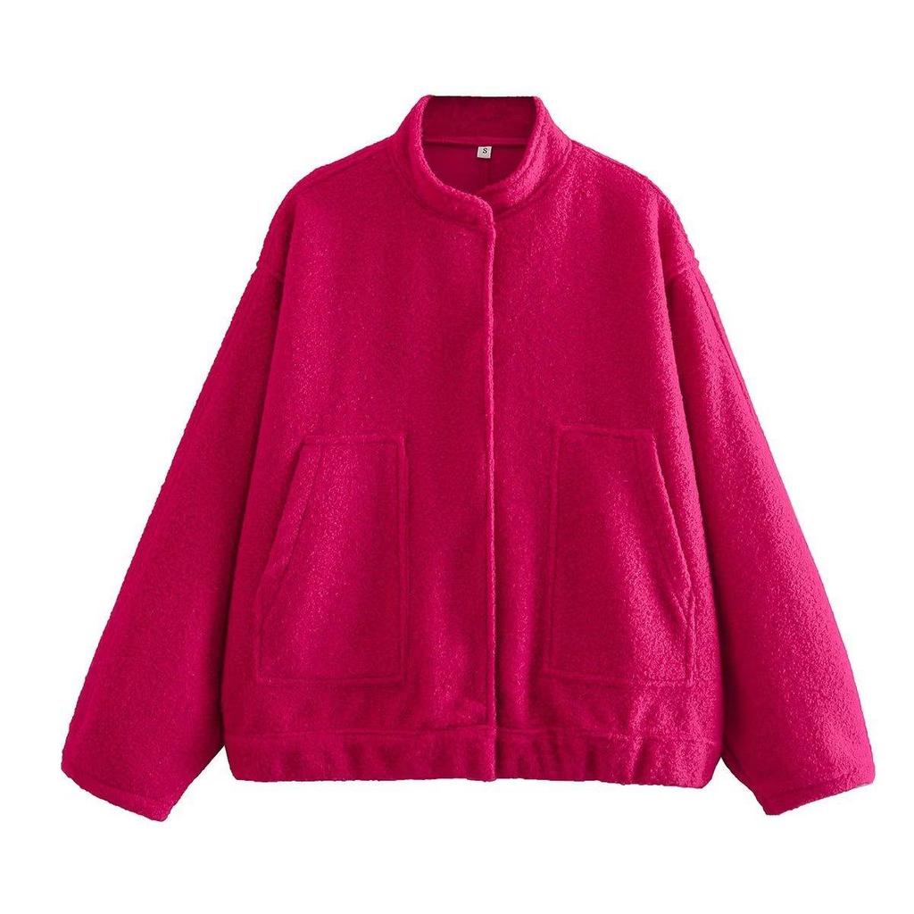 Woman's Oversized Bomber Jacket Autumn Round Neck Long Sleeve Pocket Hidden Button Loose Jackets Coat Female Outerwear