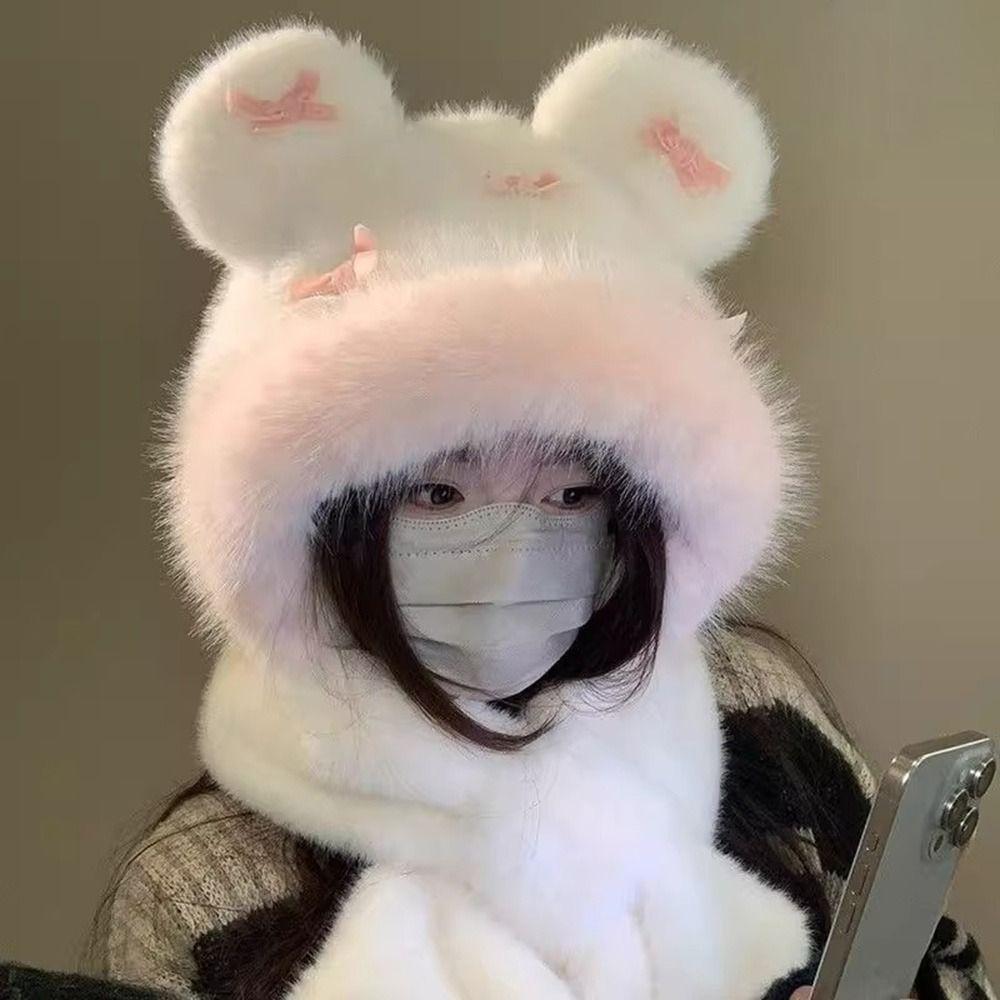 Casual Winter Balaclava Hat Bowknot Windproof Ear Protection Hat Keep Warm Thickened Integrated Scarf Hat Set for Women