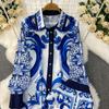 Spring Autumn Vintage Designer Print Runway Trouser 2 Piece Set Women Turn-down Collar Shirt And Elastic Waist Pocket Pant Suit