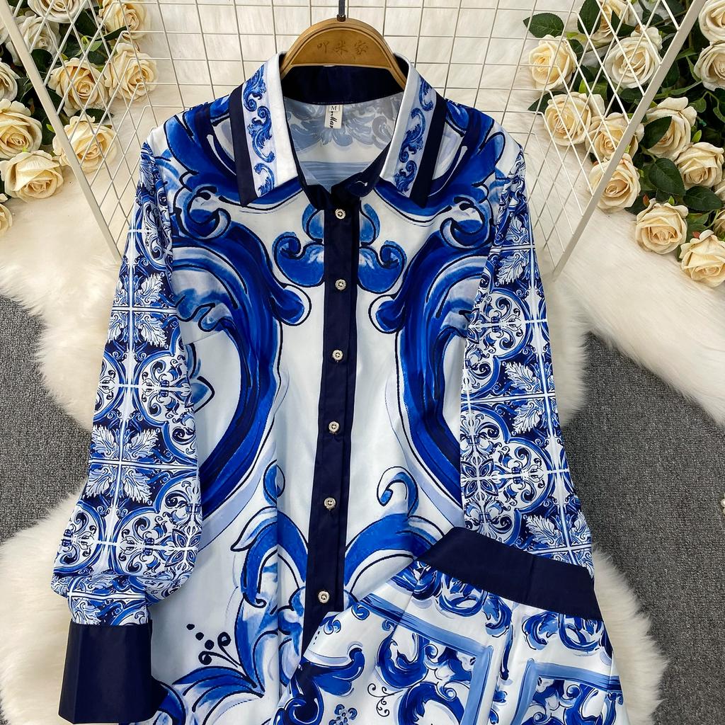 Spring Autumn Vintage Designer Print Runway Trouser 2 Piece Set Women Turn-down Collar Shirt And Elastic Waist Pocket Pant Suit