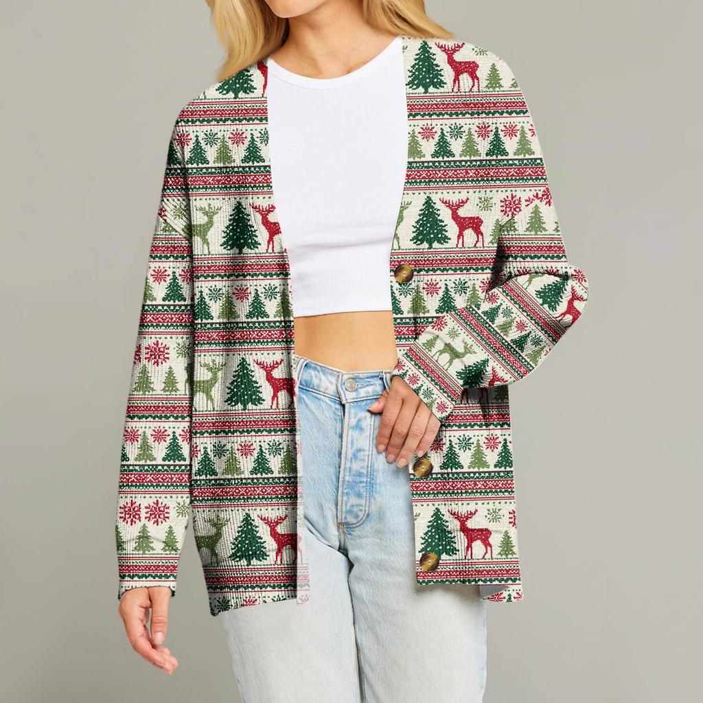 Women's Fashion Long Sleeve Christmas Print V-Neck Button Loose Cardigan Top