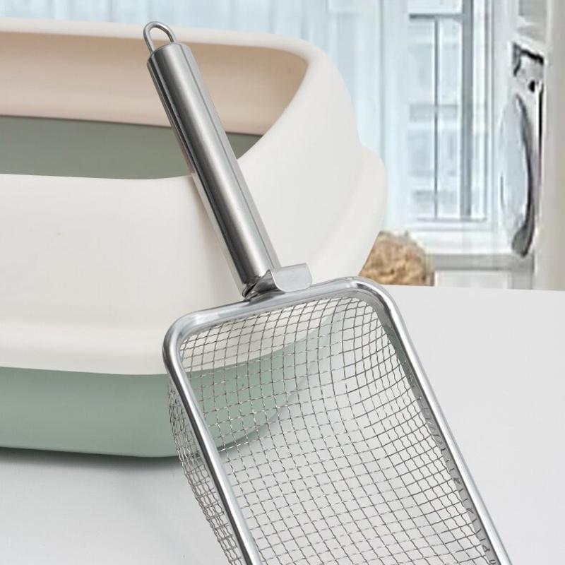 Großformatige Katzentoilettenschaufel aus Edelstahl mit feinen Löchern, Haustier Bentonit Reinigungs- und Toilettenaufsammelgerät, Metallgriff, Kot-Schaufelwerkzeug