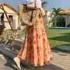 Feiyuan Bohemian Pastoral Chiffon Midi Skirt, One Size, A-line Swing Design for Vacation Style