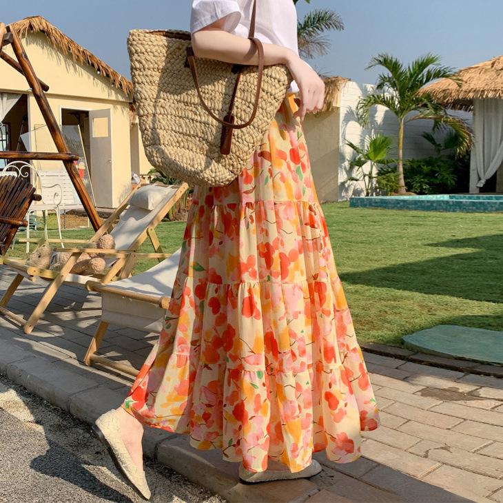 Feiyuan Bohemian Pastoral Chiffon Midi Skirt, One Size, A-line Swing Design for Vacation Style