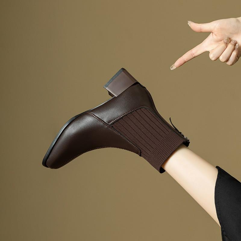 Autumn Winter Women Thick Heel Ankle Boots Fashion Leather Knitted Combination Shoes Square Toe Modern Short Botas Para Mujer