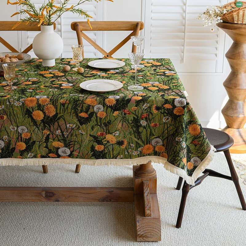 High End Home Floral Countryside Cotton Linen Fabric Tablecloth Rectangular Dining Table Cloth Decorative Cloth